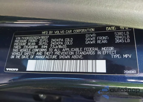 2013 Volvo Xc60 T6/T6 Platinum/T6 Premier Plus/T6 R-Design/T6 R-Design Platinum/T6 R-Design Premier Plus from USA, damaged, VIN YV4902DZ6D2418937